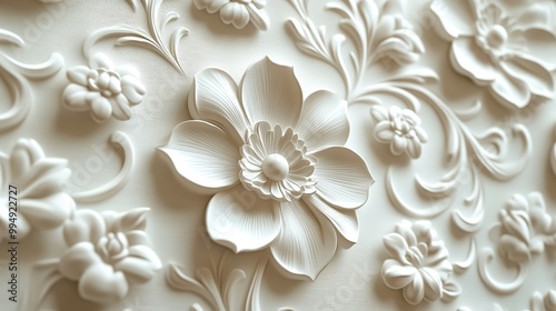 A white damask pattern background, featuring intricate and elegant floral designs.