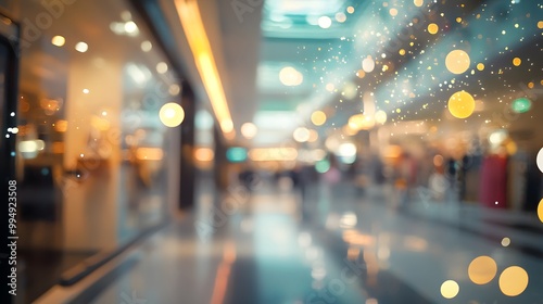 abstract blur image background of shopping mall with light bokeh and flare light bulb. 