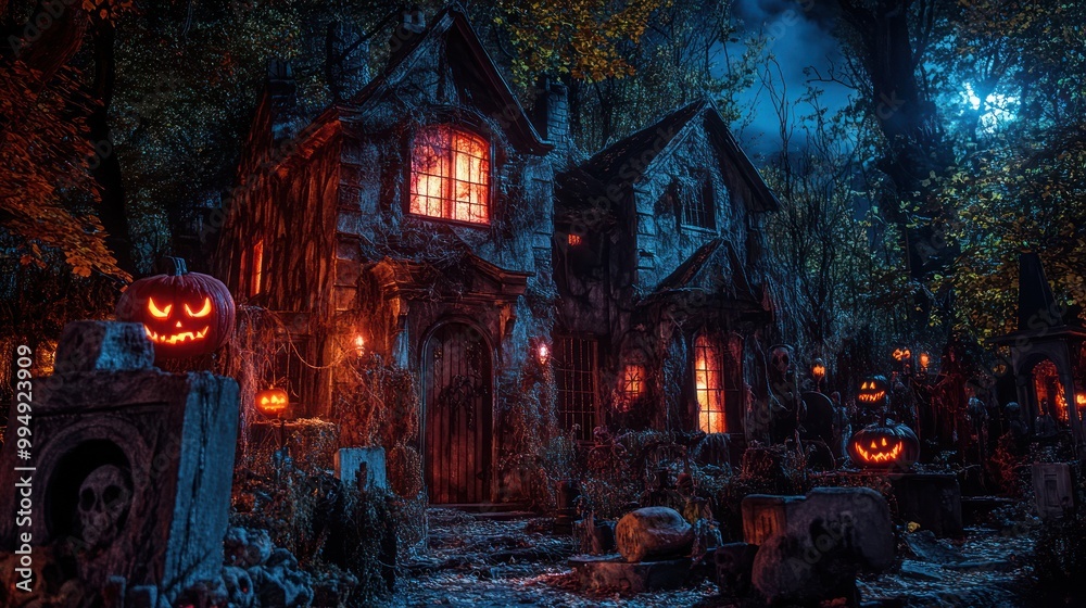 Spooky Halloween Haunted House with Jack o Lanterns and Graveyard Spooky Halloween Haunted House with Jack o Lanterns and Graveyard
