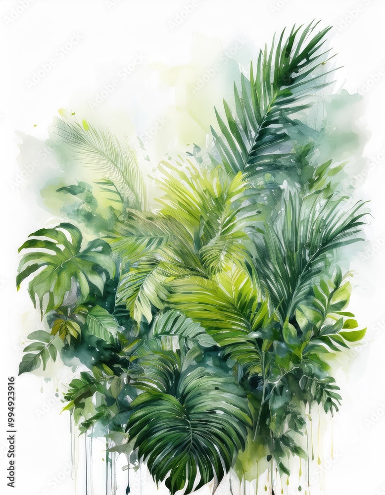 Watercolor painting of lush green leaves Watercolor painting of lush green leaves