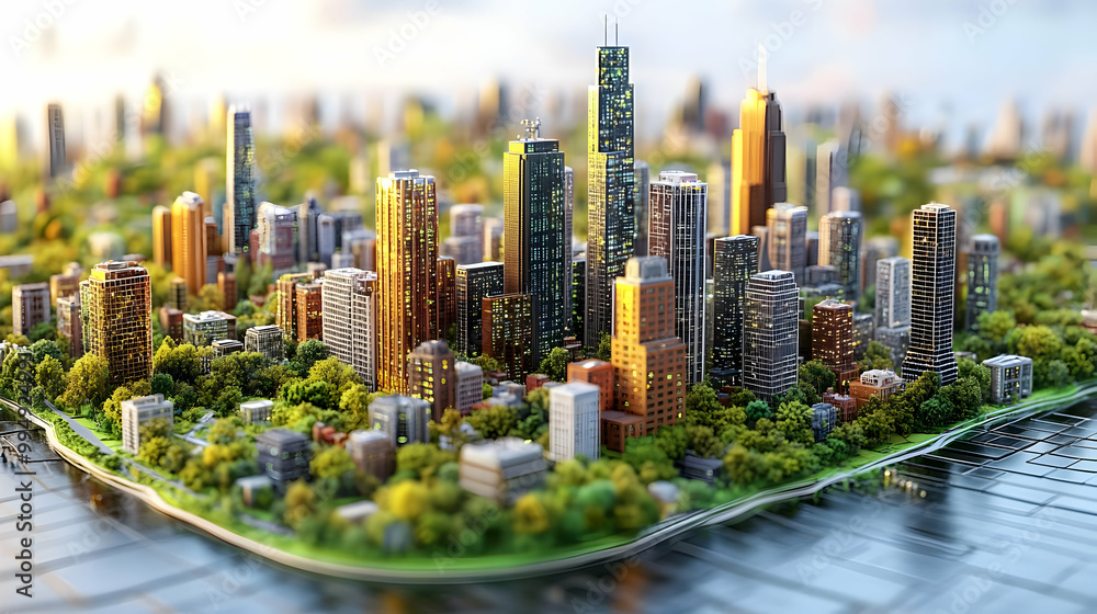Obraz premium Miniature Cityscape: Exploring a Model City with Skyscrapers and Parks