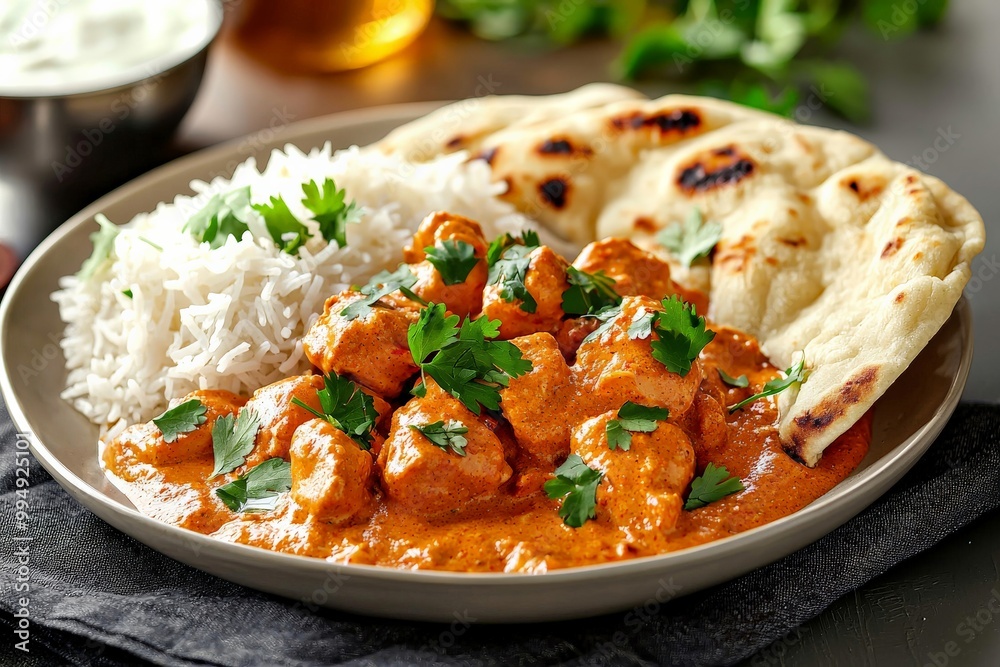 A steaming plate of Indian butter chicken with basmati rice and naan bread, garnished with cilantro and served in a cozy kitchen setting A steaming plate of Indian butter chicken with basmati rice and naan bread, garnished with cilantro and served in a cozy kitchen setting