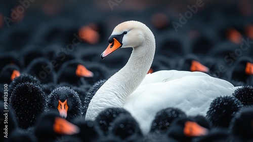 Fototapeta Naklejka Na Ścianę i Meble -  A white swan stands out among a crowd of black birds, symbolizing unique leadership and individuality.