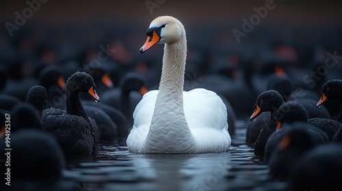 Fototapeta Naklejka Na Ścianę i Meble -  A white swan stands out among a crowd of black birds, symbolizing unique leadership and individuality.