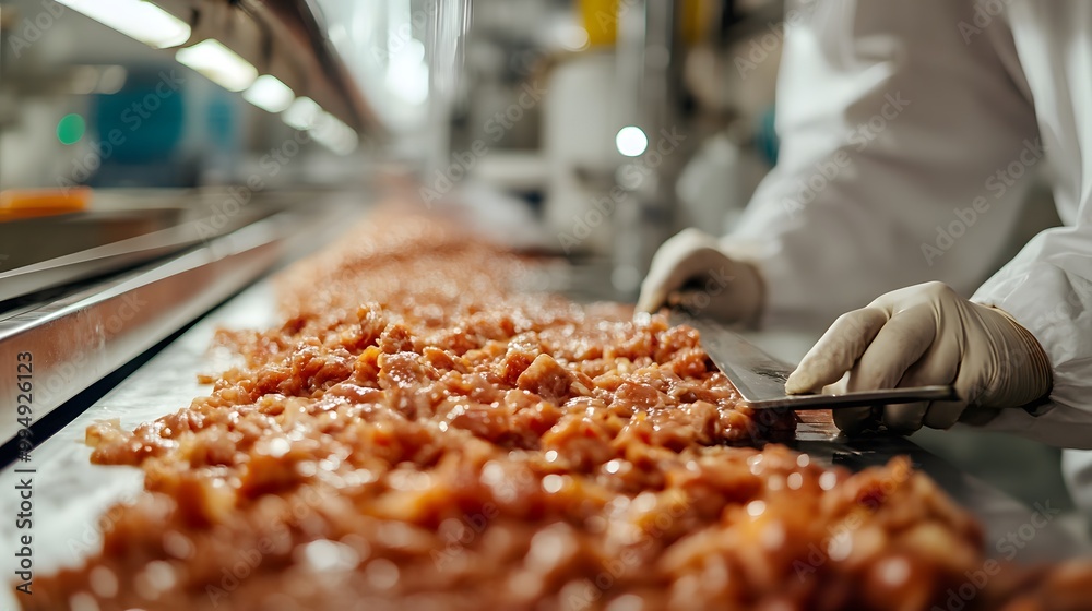 Gloved Hands Spreading Meat on a Conveyor Belt in a Food Processing Plant Gloved Hands Spreading Meat on a Conveyor Belt in a Food Processing Plant