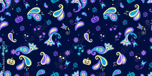 Colorful style paisley pattern with skulls and halloween motifs. Dark background design for decoration and textiles.