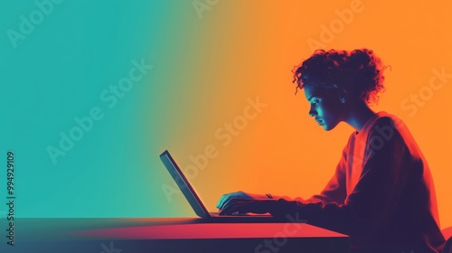 A focused person types on a laptop at a modern desk, with a calming teal backdrop and soft shadows.