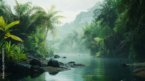 Misty River Scene in Ancient Thailand's Lush Jungle