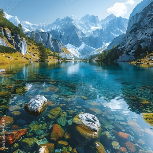 Clear Mountain Lake with Rocks and Reflections - Realistic Image