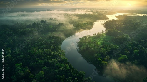 Ancient Tropical Landscape with Misty River View