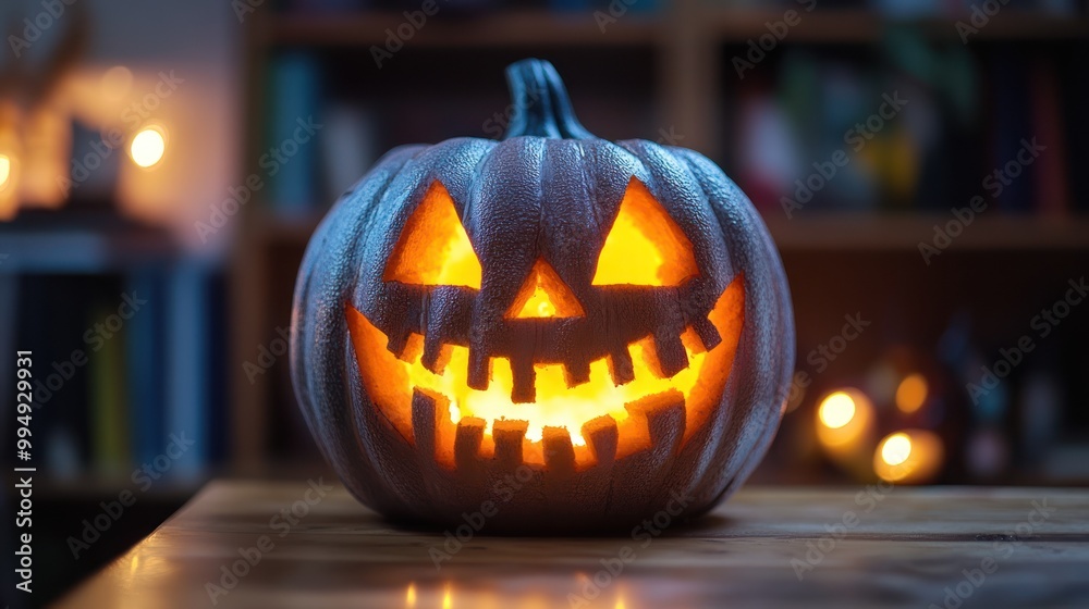 Fototapeta premium Glowing Jack o Lantern Pumpkin on Wooden Table for Halloween