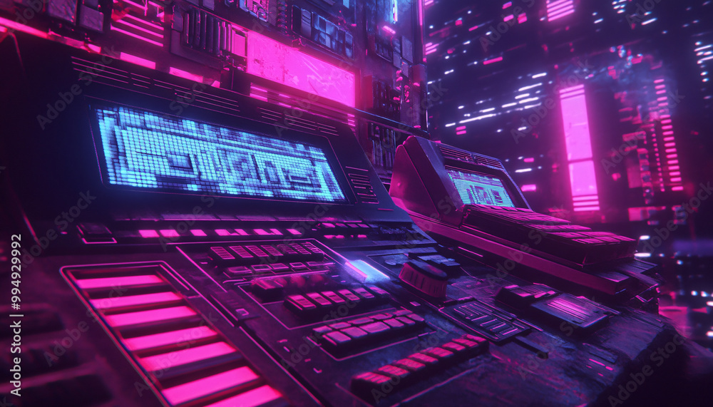 A retro-futuristic design with neon grids, VHS glitches, and pixelated elements, taking inspiration from 80s sci-fi movies and video games A retro-futuristic design with neon grids, VHS glitches, and pixelated elements, taking inspiration from 80s sci-fi movies and video games