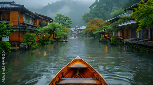 Water Reflections and Traditional Houses in Rainy Day Landscape Photo