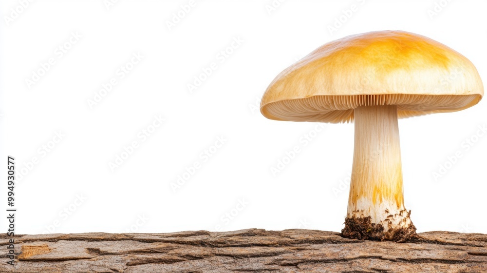 Single mushroom on log with white isolated background. Single mushroom on log with white isolated background.