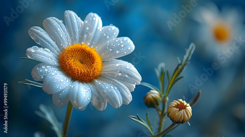 Closeup of a White Daisy with Water Drops on Petals - Macro Flower Photography