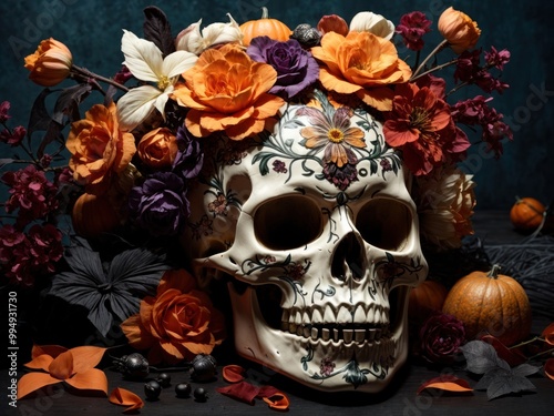 scary halloween skull decorated with many flowers