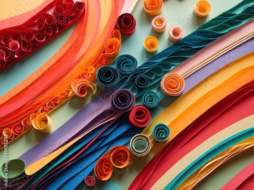 Multi colored quilling paper lying on colorful paper photo