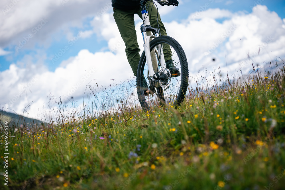 Naklejka premium Riding mountain bike in the flowering beautiful mountain top