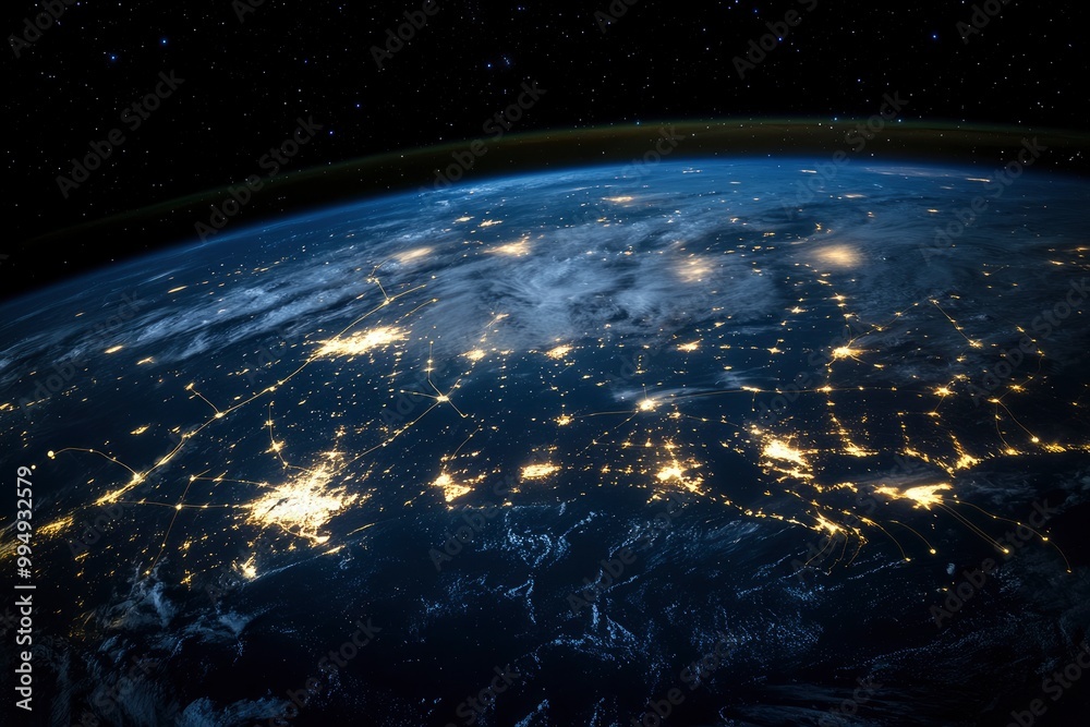 Obraz premium Night planet earth from space with light lines of communication and connection. Business and finance, concept. Global communications system and the World Wide Web. generative ai