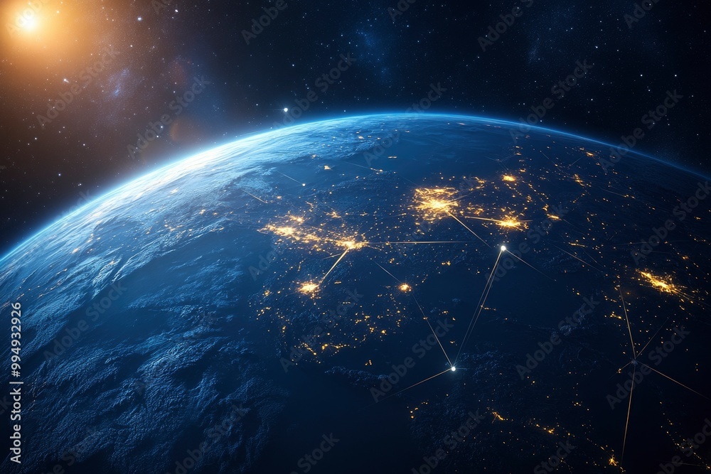 Fototapeta premium Night planet earth from space with light lines of communication and connection. Business and finance, concept. Global communications system and the World Wide Web. generative ai
