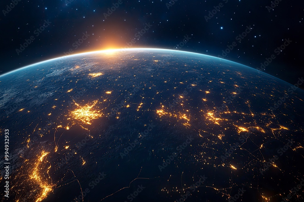 Obraz premium Night planet earth from space with light lines of communication and connection. Business and finance, concept. Global communications system and the World Wide Web. generative ai