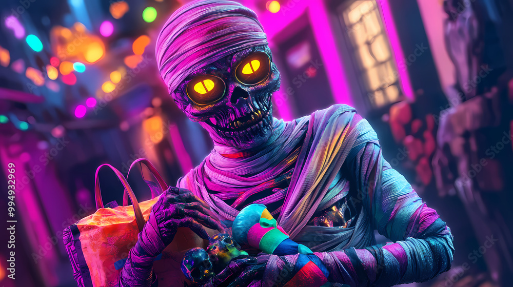 Cyberpunk mummy with colorful bandages holding a trick-or-treat bag concept blends lowbrow pop surrealism with digital anime and 3d elements. Pop Surrealism. Illustration