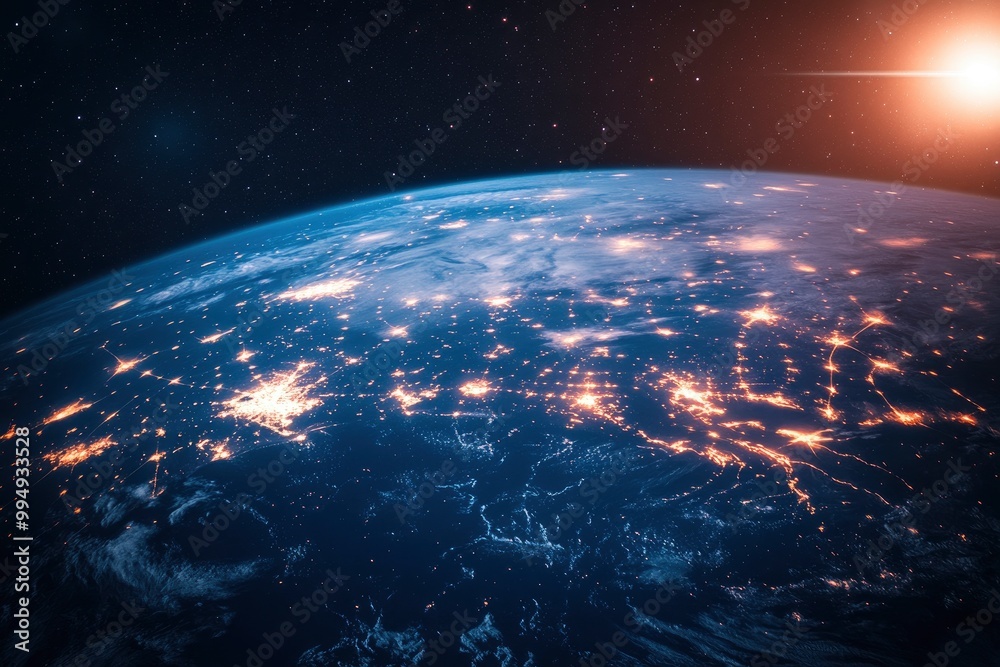 Obraz premium Night planet earth from space with light lines of communication and connection. Business and finance, concept. Global communications system and the World Wide Web. generative ai