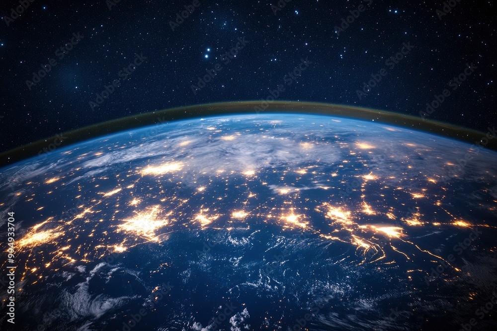 Obraz premium Night planet earth from space with light lines of communication and connection. Business and finance, concept. Global communications system and the World Wide Web. generative ai