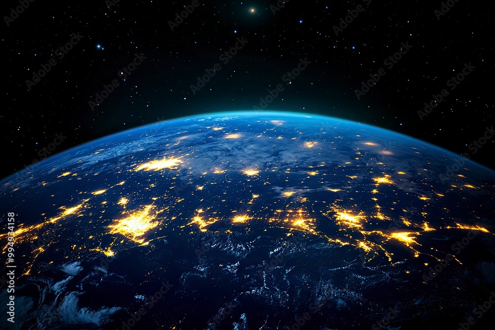 Obraz premium Night planet earth from space with light lines of communication and connection. Business and finance, concept. Global communications system and the World Wide Web. generative ai