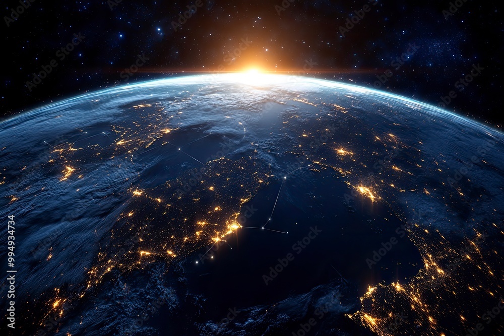 Obraz premium Night planet earth from space with light lines of communication and connection. Business and finance, concept. Global communications system and the World Wide Web. generative ai