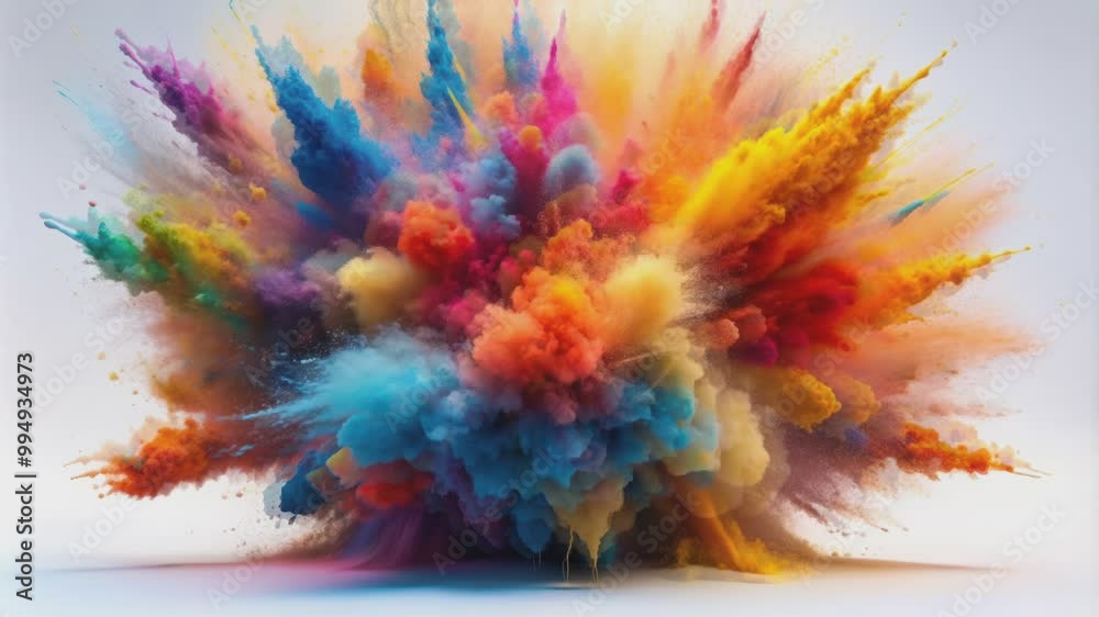 A dynamic explosion of brightly colored powder creates a swirling cloud against a white background. A dynamic explosion of brightly colored powder creates a swirling cloud against a white background.