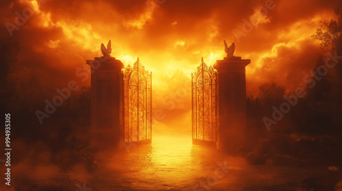 Gates of Heaven, an artistic rendering of gates, symbolizing the closing moments of judgment, with copy space, Yom Kippur