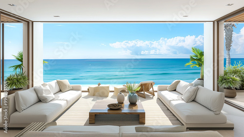 Fototapeta Naklejka Na Ścianę i Meble -  Coastal living room with a large picture window centered behind the sofa, overlooking the ocean and featuring neutral, beach-inspired decor.
