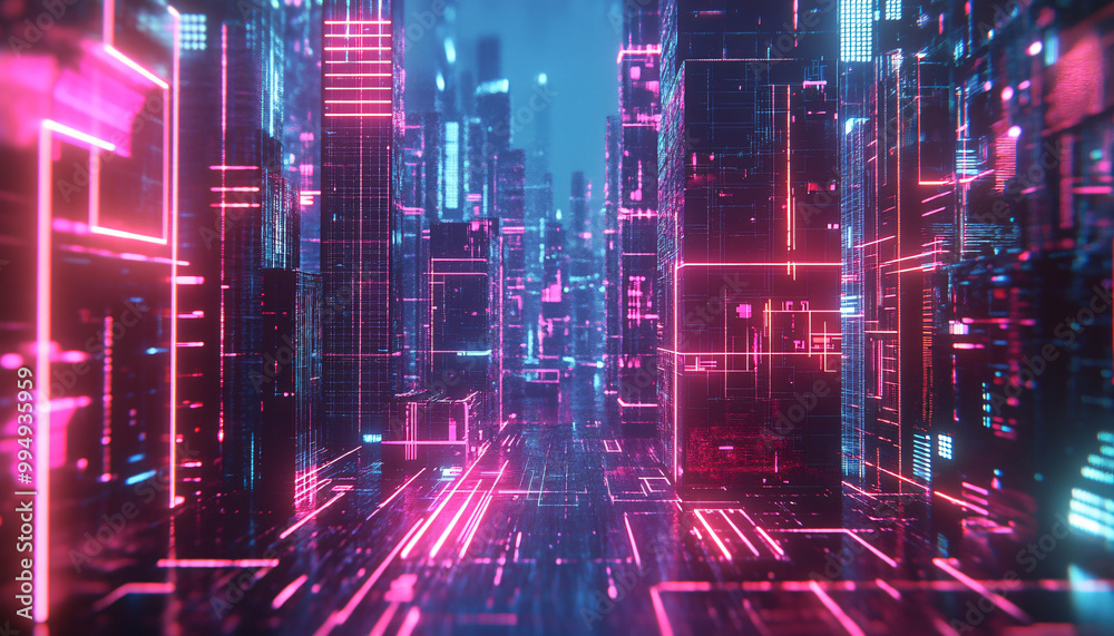 Fototapeta premium A retro-futuristic design with neon grids, VHS glitches, and pixelated elements, taking inspiration from 80s sci-fi movies and video games
