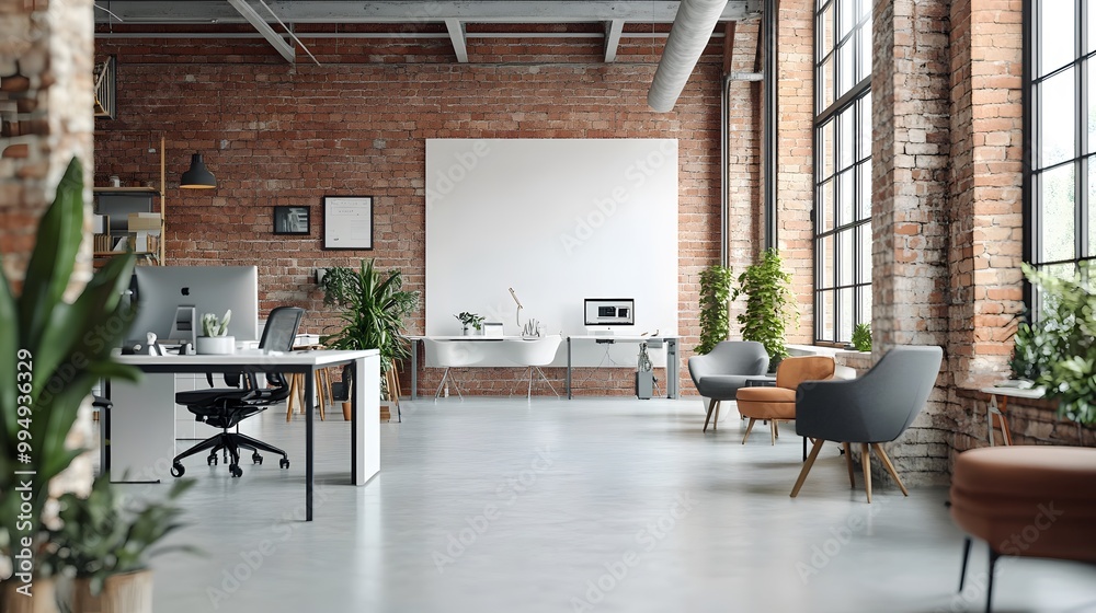 White open space office interior, mock up wall. White open space office interior, mock up wall.
