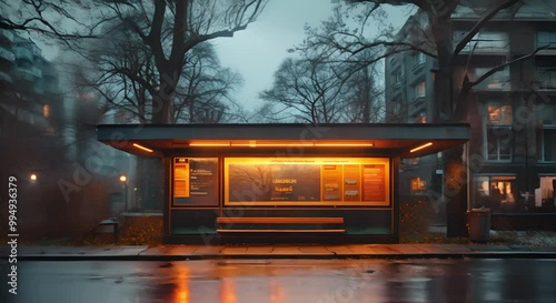 Nighttime Bus Stop with Illuminated Sign Lights