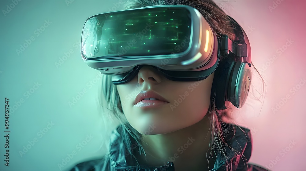 A serene young woman meditating in a futuristic virtual environment hues of green A serene young woman meditating in a futuristic virtual environment hues of green