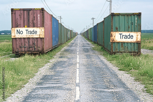 A road with two rows of containers, one of which says No Trade. The other row of containers is empty