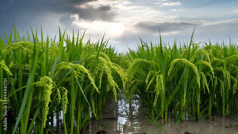 Fototapeta premium Vibrant rice paddy field glistening after summer rainstorm