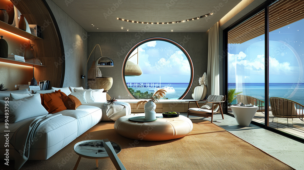 Living room with a large porthole window as a statement piece, enhancing the nautical-themed interior and curved furniture design. Living room with a large porthole window as a statement piece, enhancing the nautical-themed interior and curved furniture design.