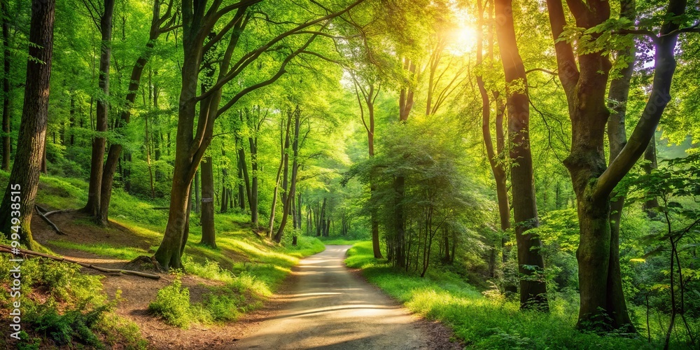 Fototapeta premium Sunlight filtering through the canopy of a dense forest illuminates a path winding through the trees