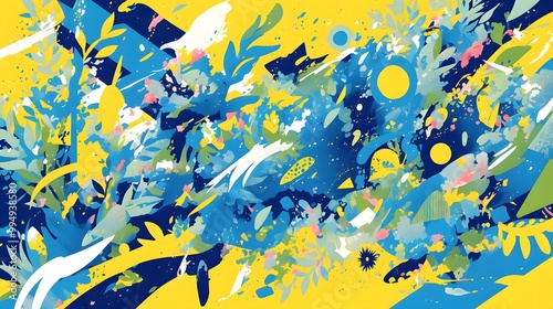 Abstract Watercolor Painting with Yellow, Blue, and Green Shapes and Splashes photo