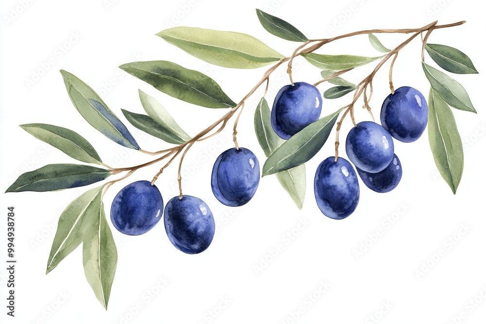 Ripe Olives hanging on a branch with leaves, botanical illustration, isolated on white background 3:2. Ripe Olives hanging on a branch with leaves, botanical illustration, isolated on white background 3:2.