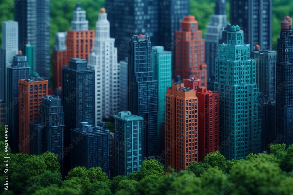 Obraz premium Vibrant Miniature Cityscape with Colorful Skyscrapers, Lush Greenery, Detailed Urban Model