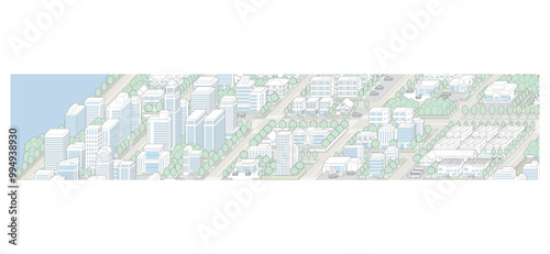 都市景観の立体イラスト.  建物のベクターイラスト.