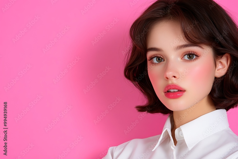 Stylish Woman in White Shirt Against Pink Background, Confident and Trendy, Fashion Inspiration Stylish Woman in White Shirt Against Pink Background, Confident and Trendy, Fashion Inspiration