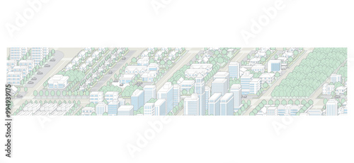 都市景観の立体イラスト.  建物のベクターイラスト.