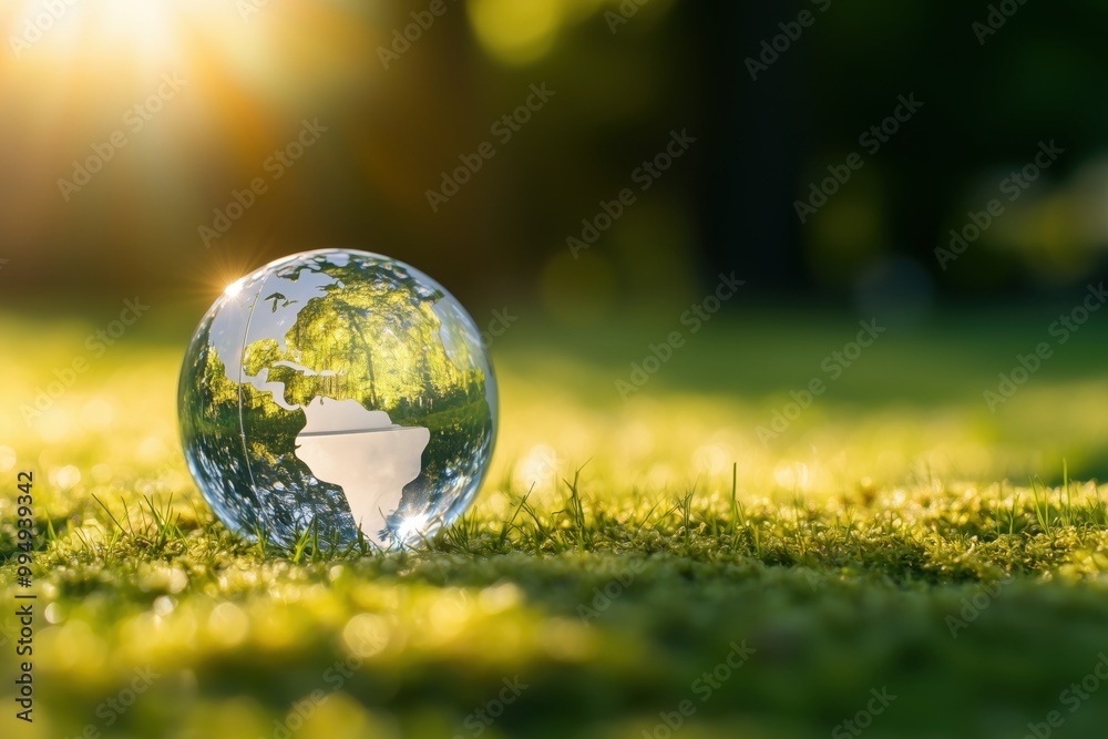 A glass globe on grass and in the forest, A glass globe on grass and in the forest,