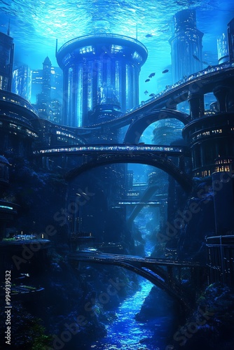 Wide-angle view of a vibrant underwater city, glowing bioluminescent buildings and meandering aquatic highways, futuristic technologies intertwining with marine life photo