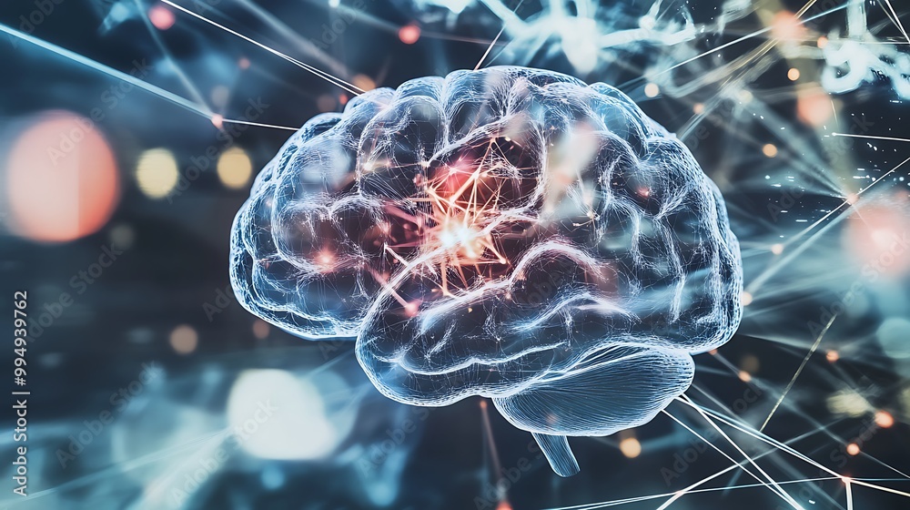 A graphic of a brain with neural connections, symbolizing artificial intelligence, photorealistic A graphic of a brain with neural connections, symbolizing artificial intelligence, photorealistic